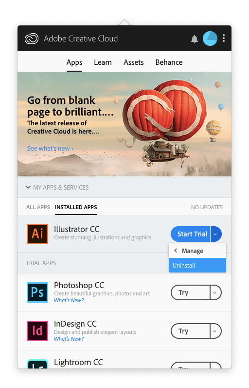 adobe creative cloud window with uninstall button