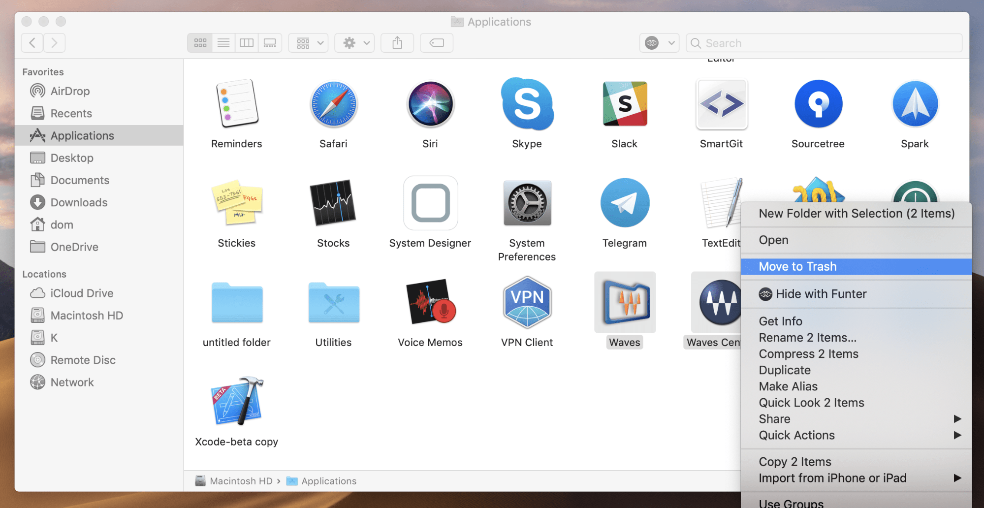 Move to Trash context menu command selected for Waves Central in Finder