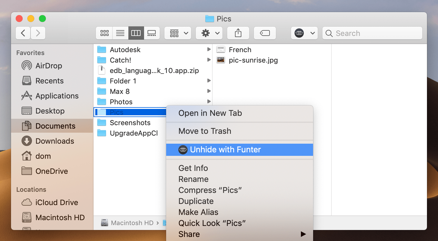 Unhide with Funter context menu command selected for folder