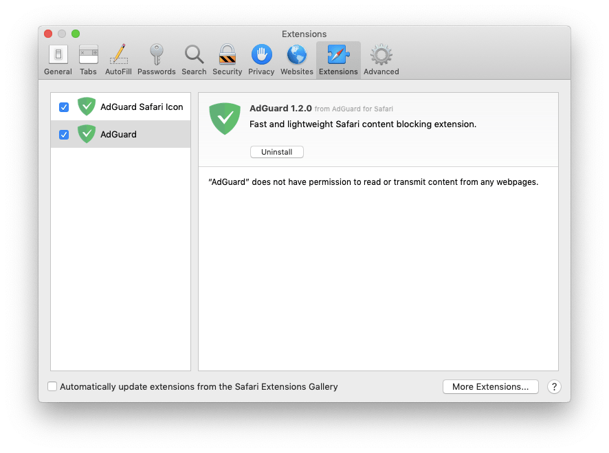 Safari Extensions panel showing how to disable adguard