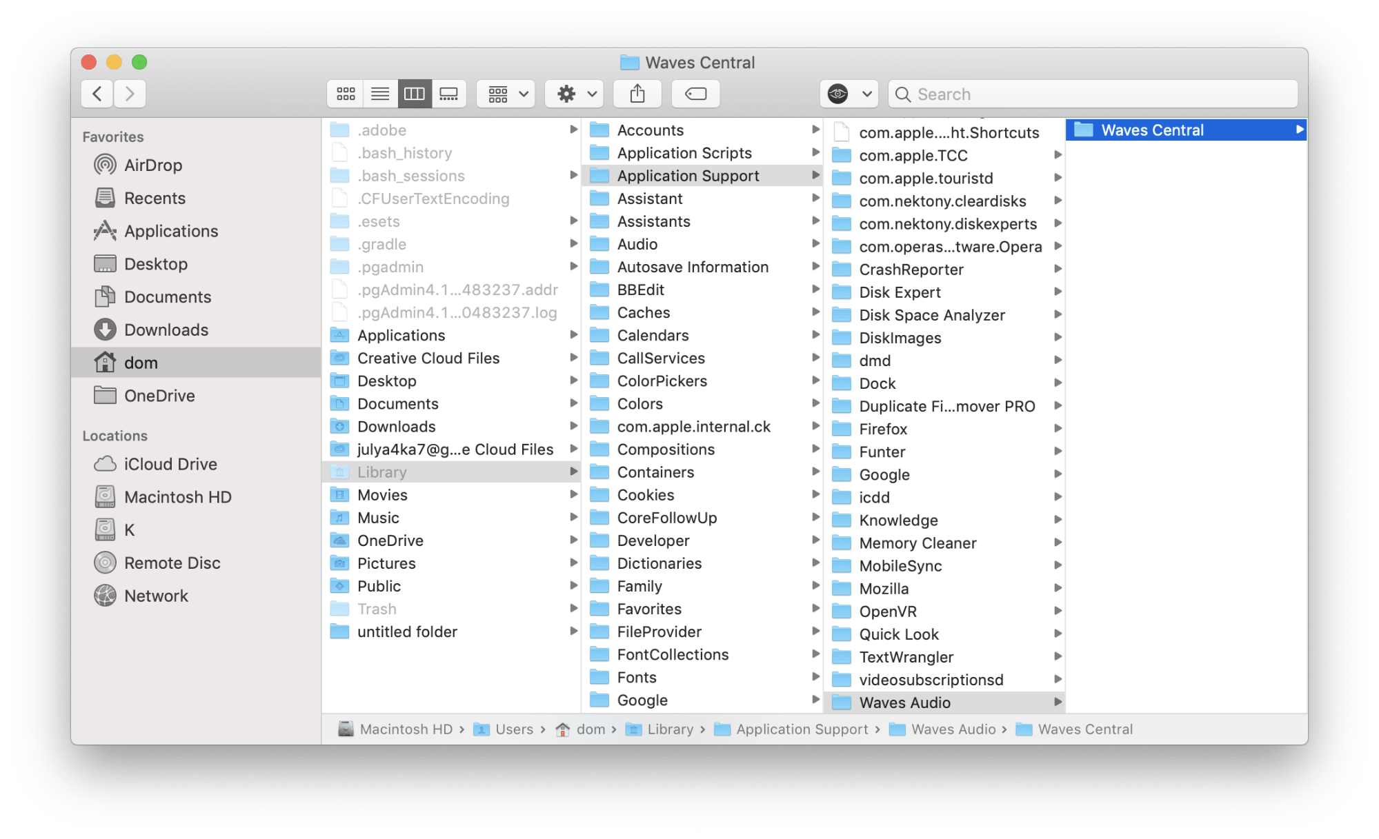 Waves Central Application Support folder in Finder