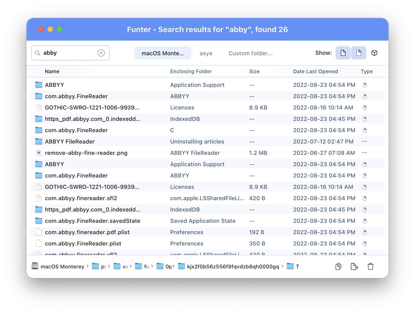 Funter app showing Abby Finereader files