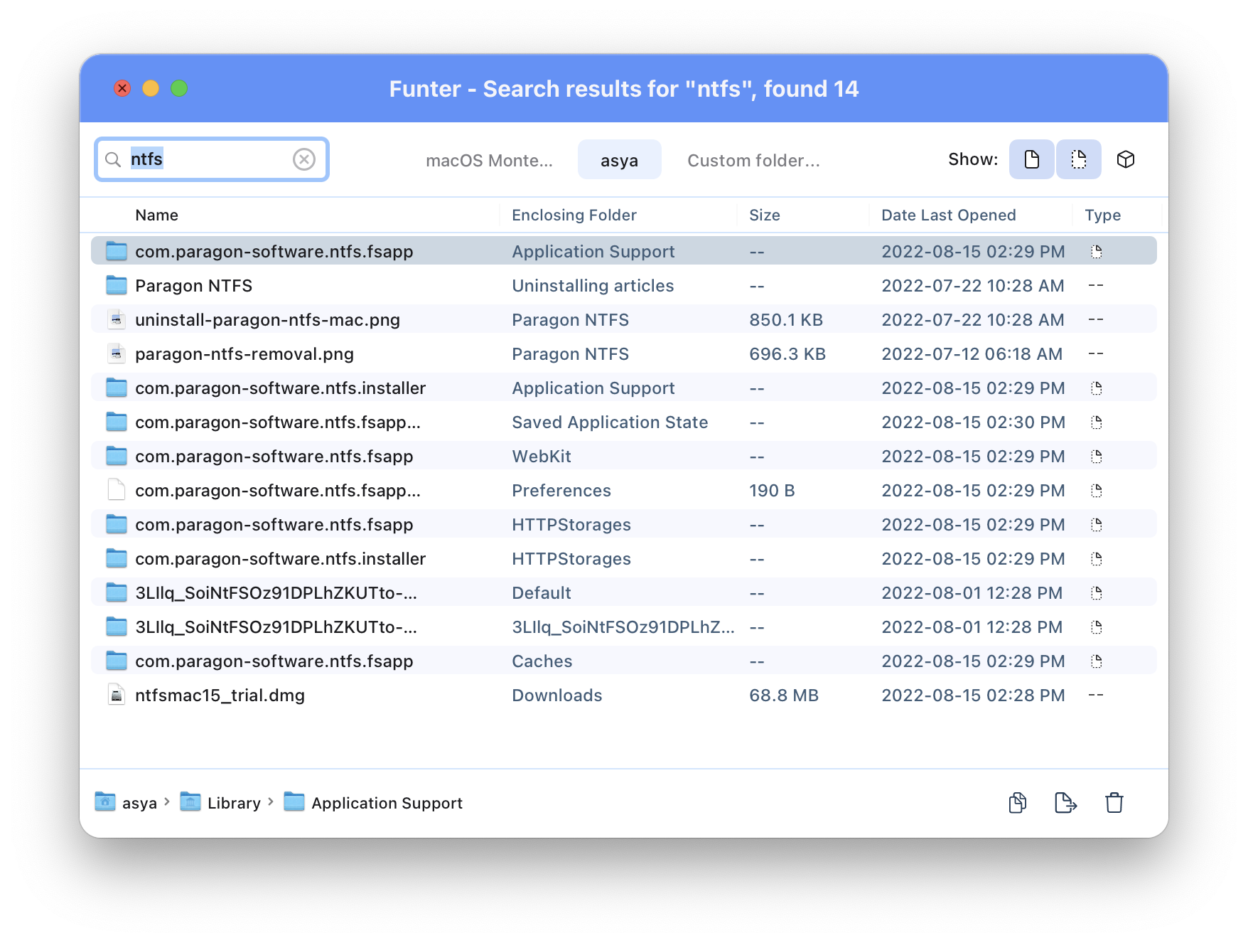 Funter window showing searching for Paragon NTFS service files