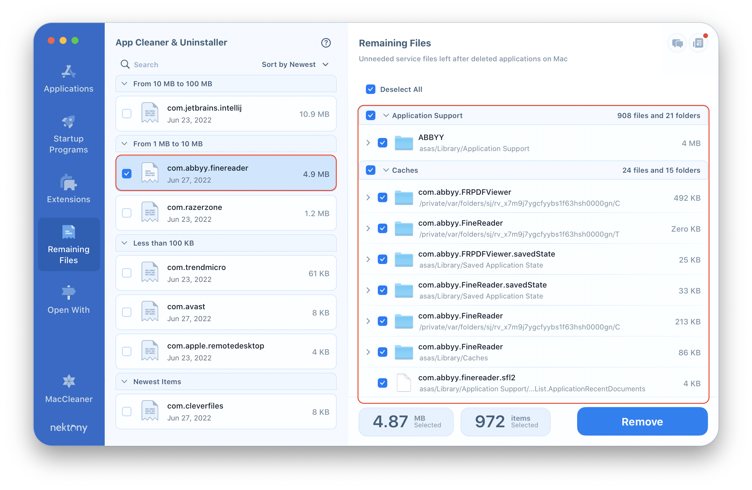 App Cleaner Uninstaller window showing Finereader remaining files