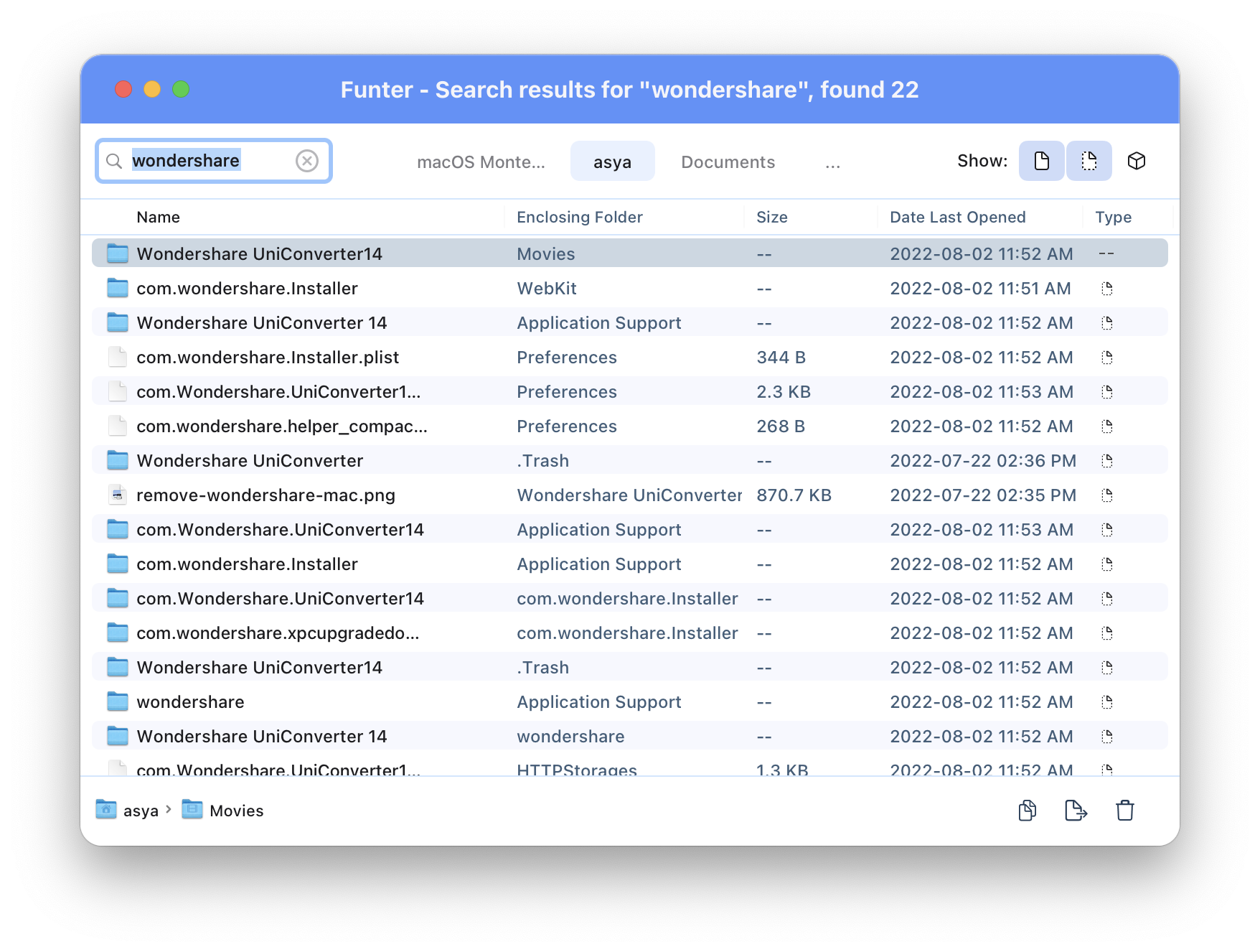 searching for wondershare support files with funter