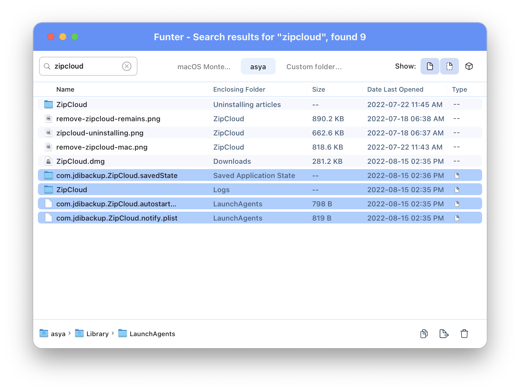 Funter app showing zipcloud hidden files