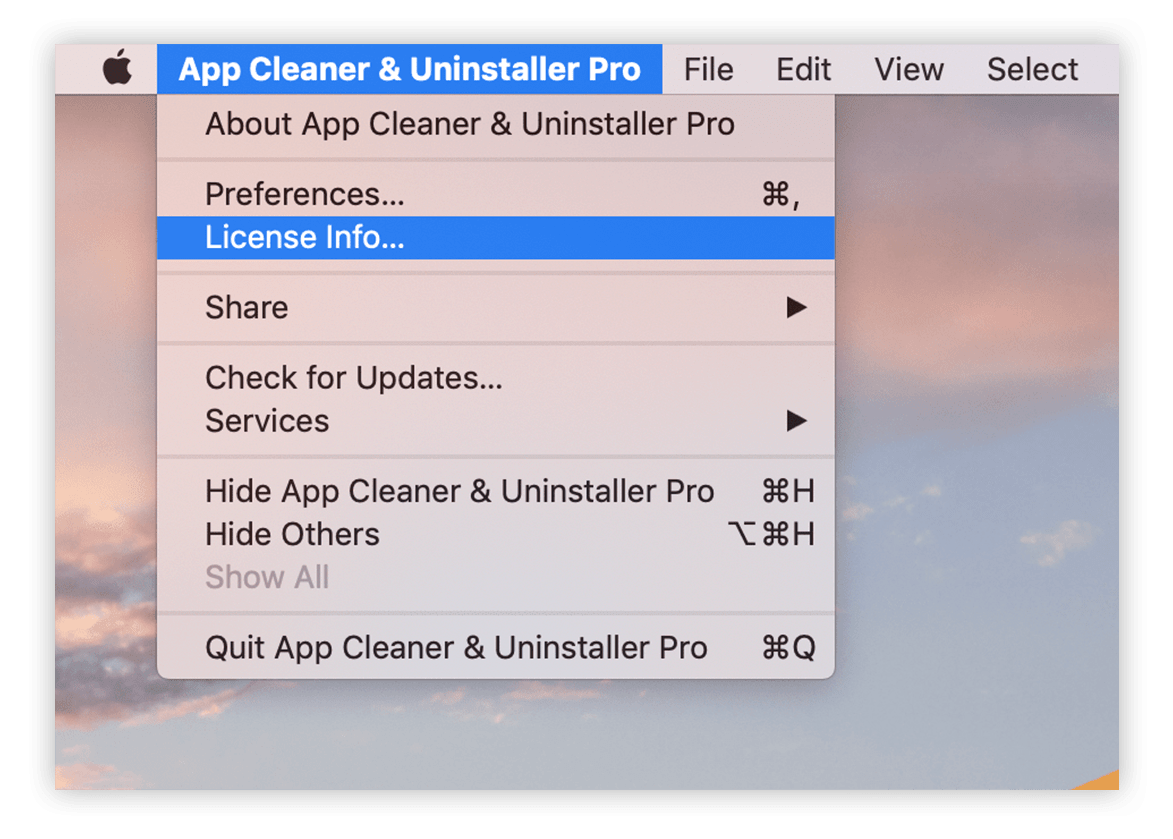 App Cleaner Uninstaller menu - License info option
