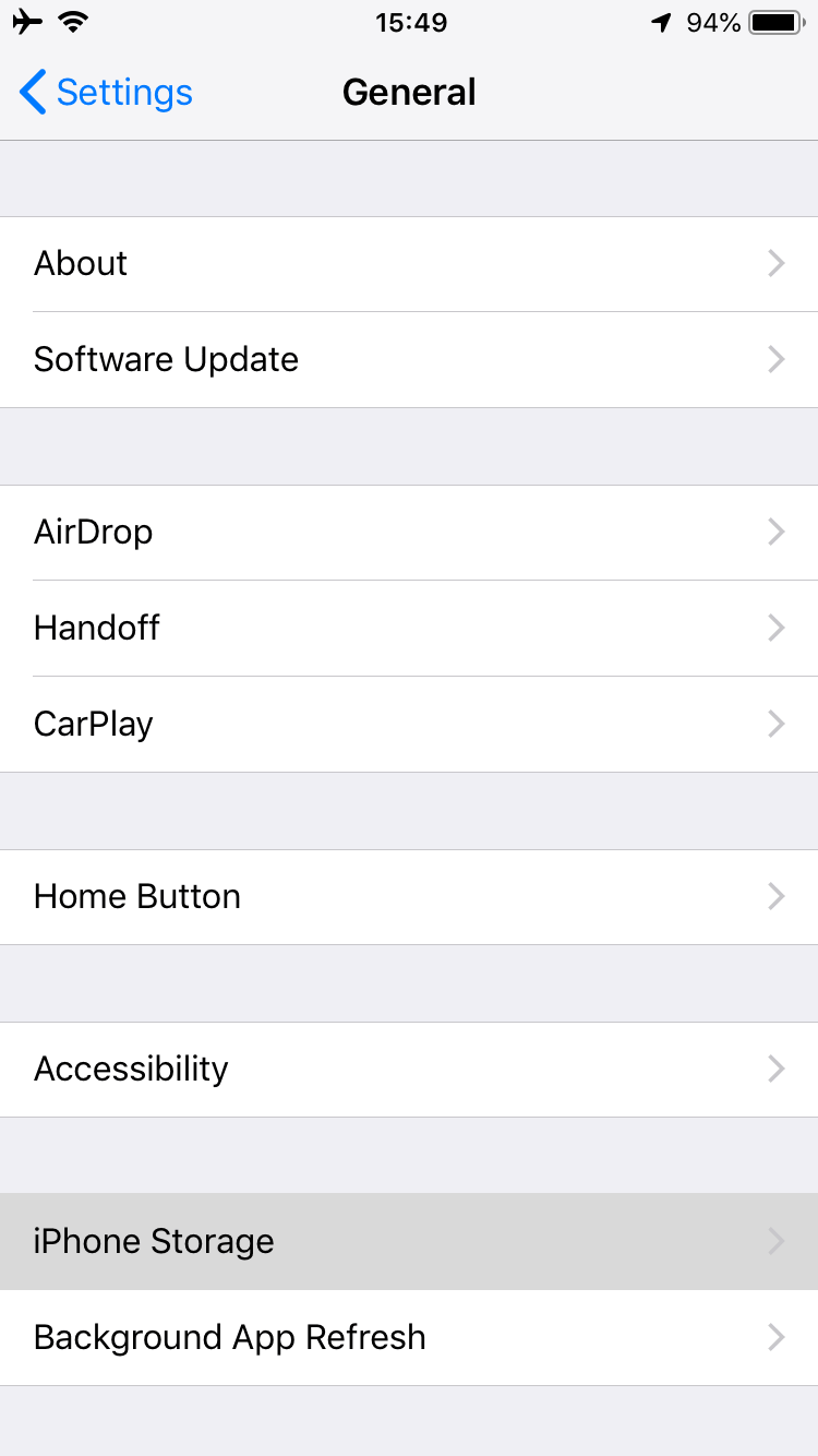 General settings screen on iPhone