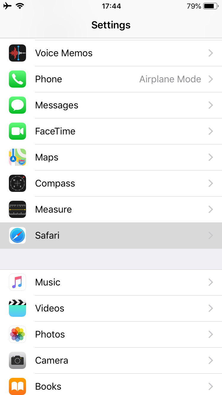 Settings on Iphone showing Safari option