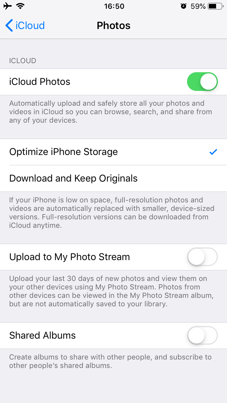 iCloud settings for Photos on iPhone showing how to enable Optimizing iphone storage 