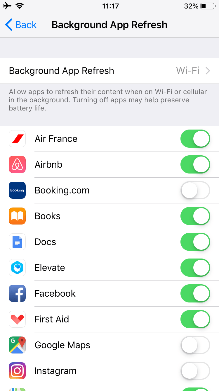 list of apps on iPhone - disable from running in the background