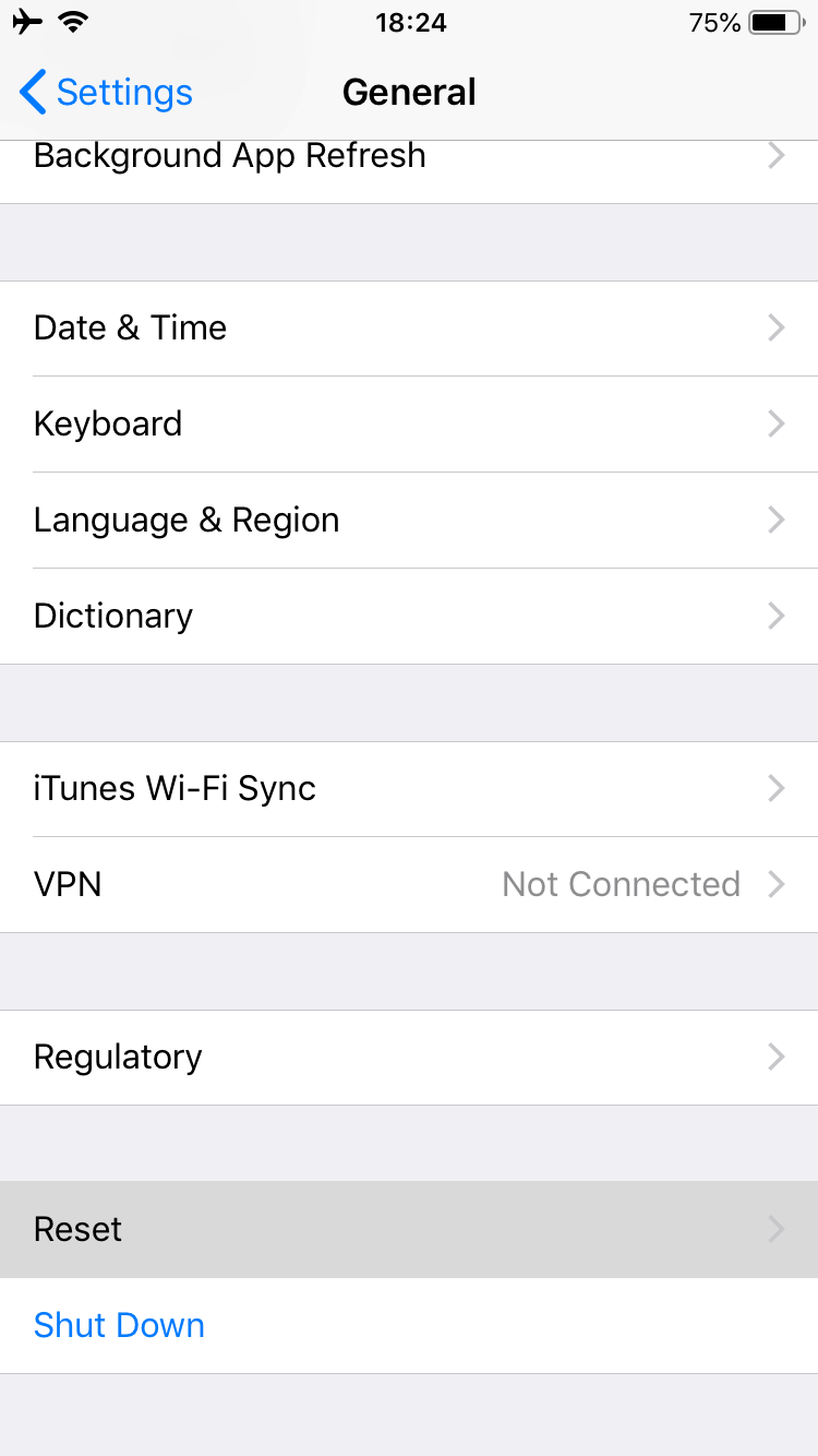 Reset option in iPhone settings