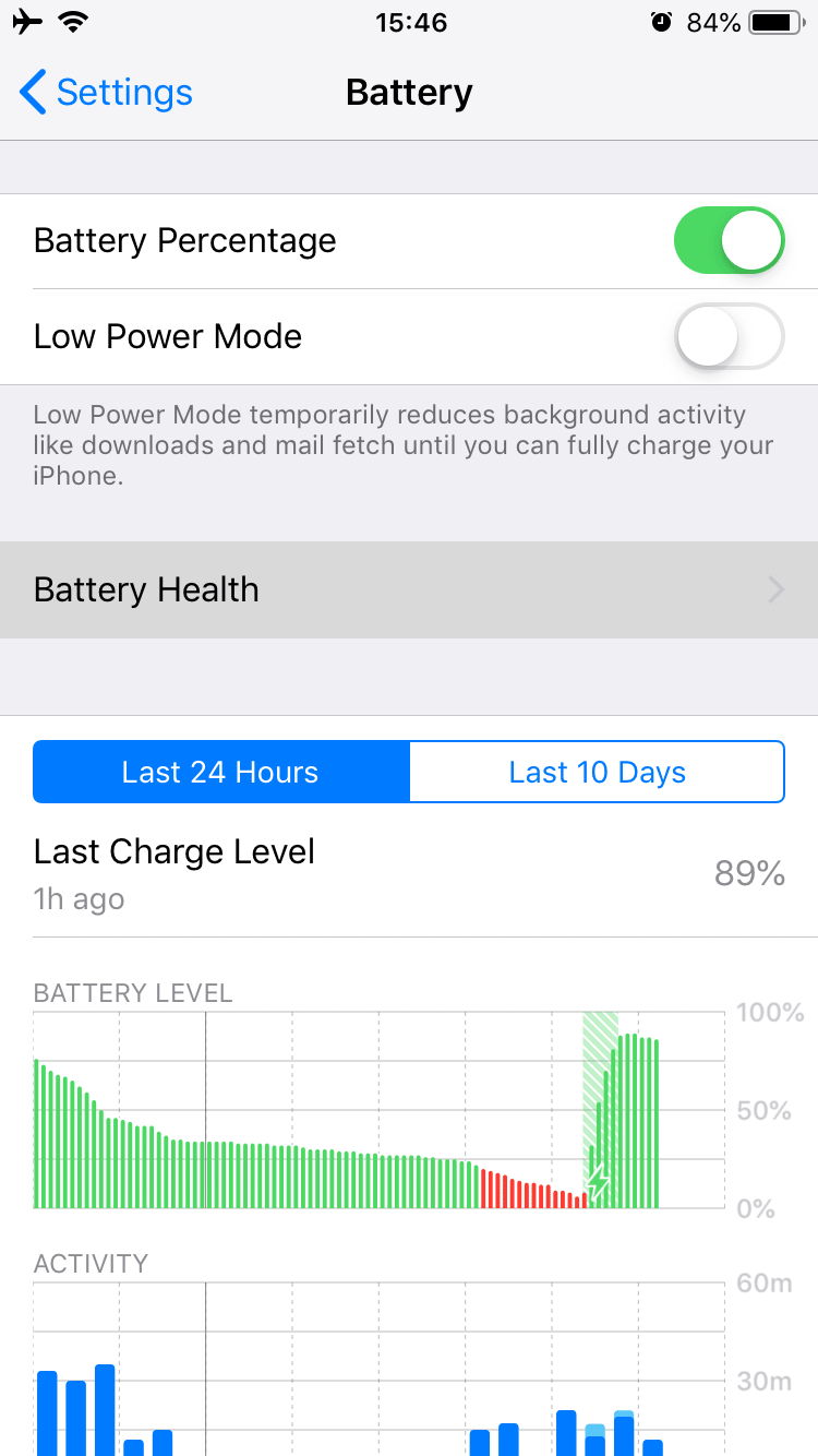 iPhone settings - Battery section