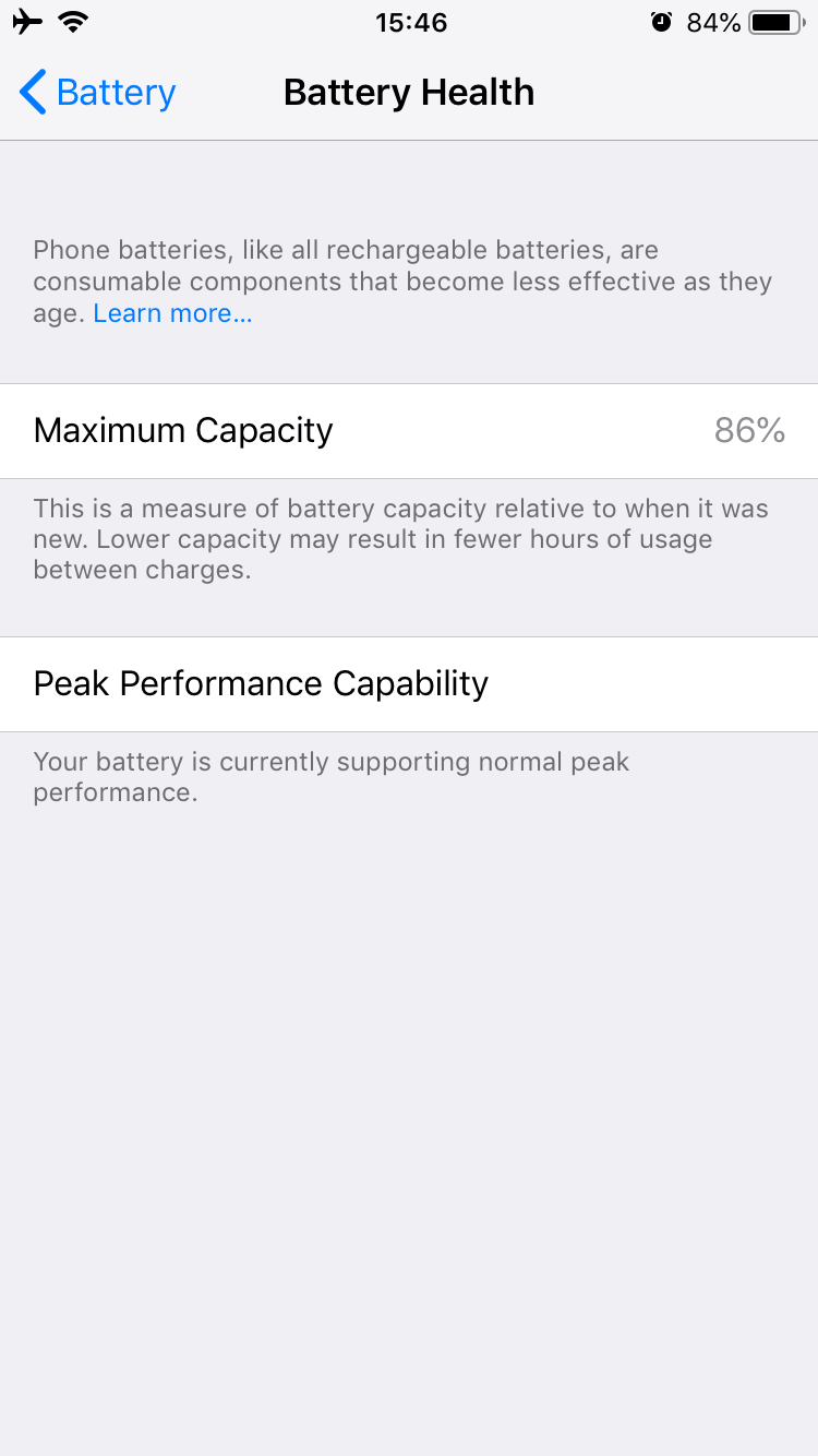 IPhone settings - Battery Health section