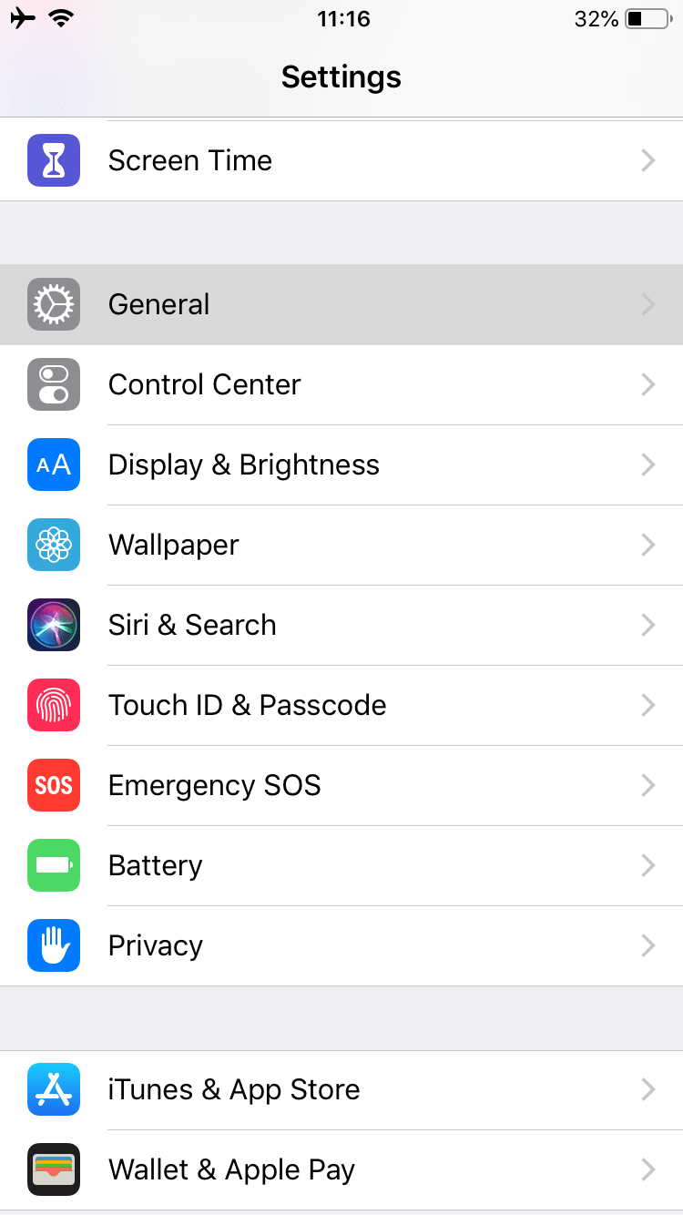 Settings screen options on iPhone