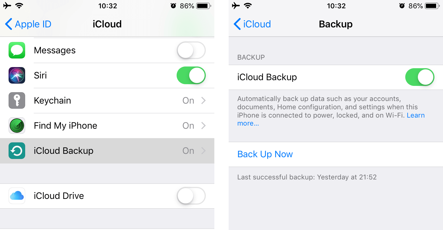 iCloud Backup setting on iPhone