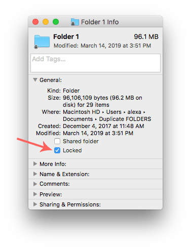 folder information window showing locked settings