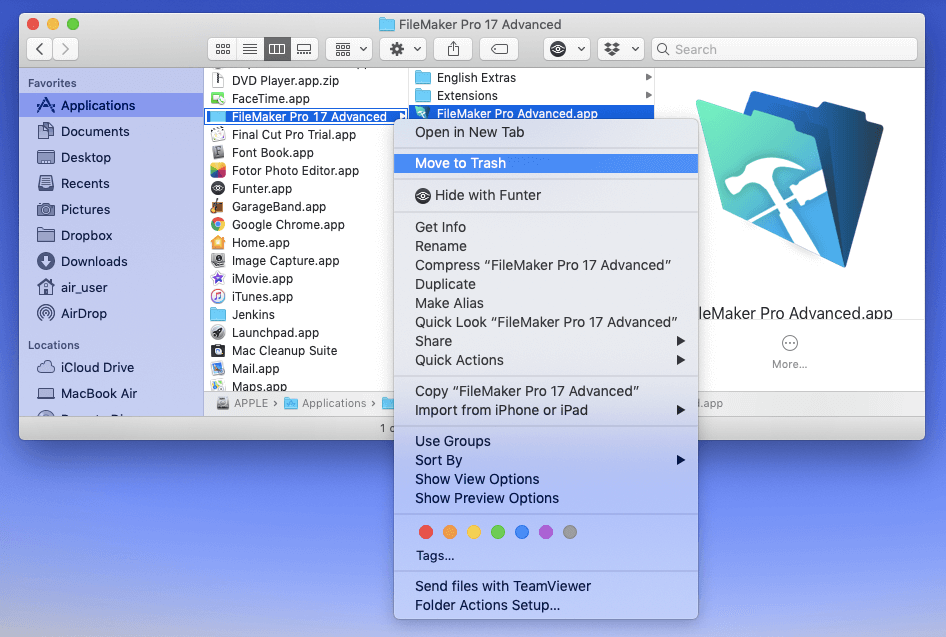 Move to Trash selected for FileMaker Pro 