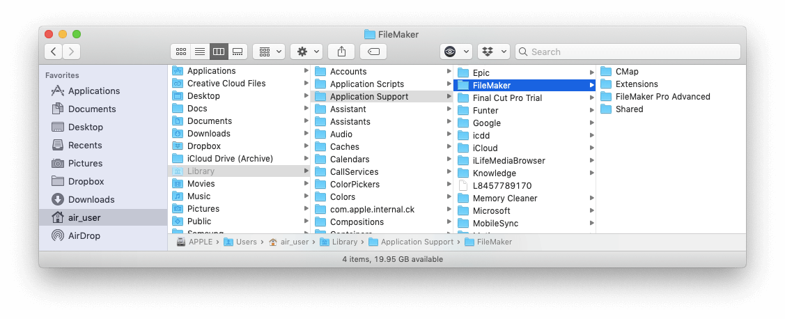 Finder showing FileMaker Application Support folder