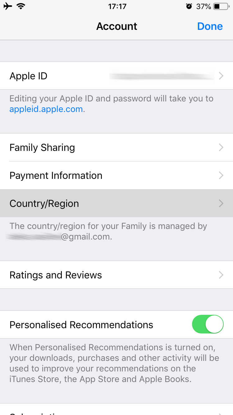 Account details showing location on iPhone