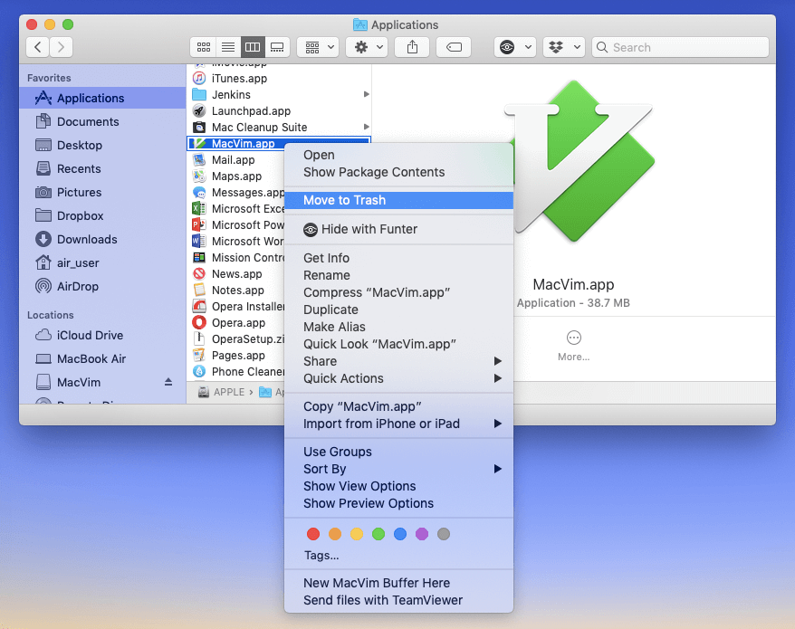 Move to Trash command for Vim application in Finder