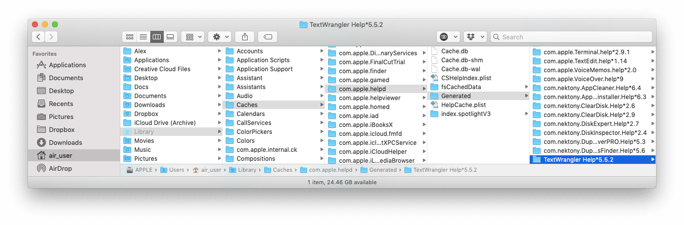 Finder showing TextWrangler Caches folder