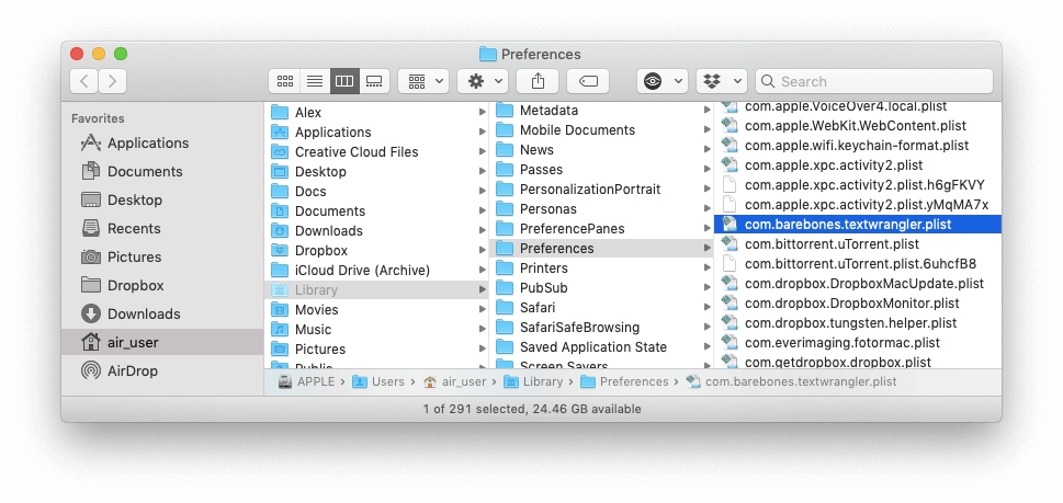 Finder showing TextWrangler Preferences folder