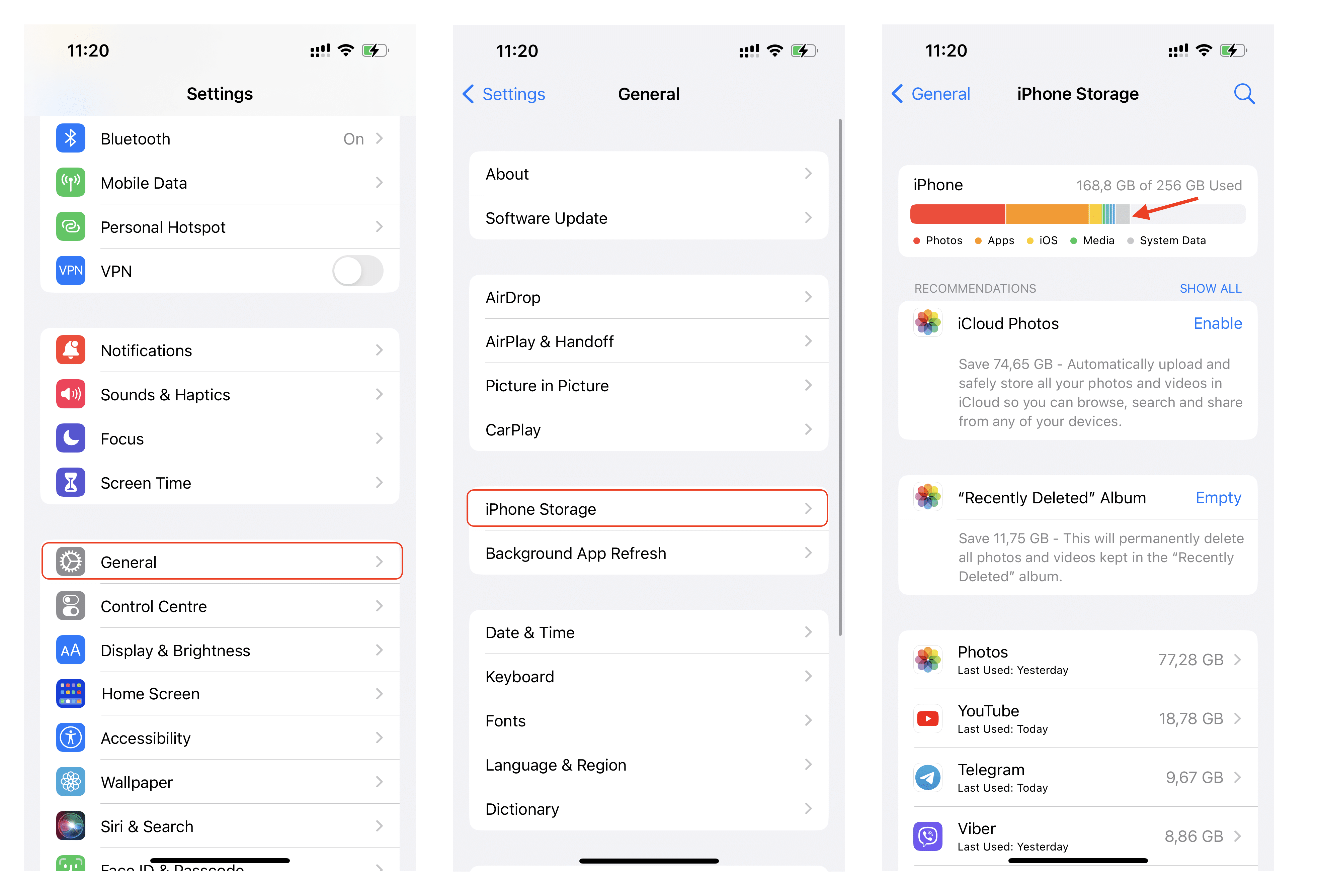 iPhone screen showing storage usage