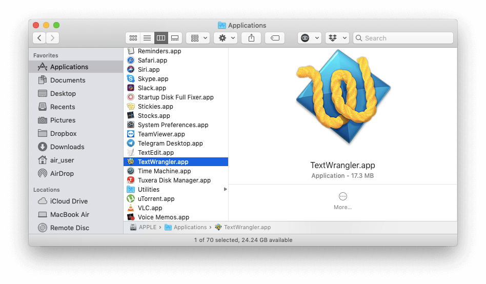 Finder showing TextWrangler application