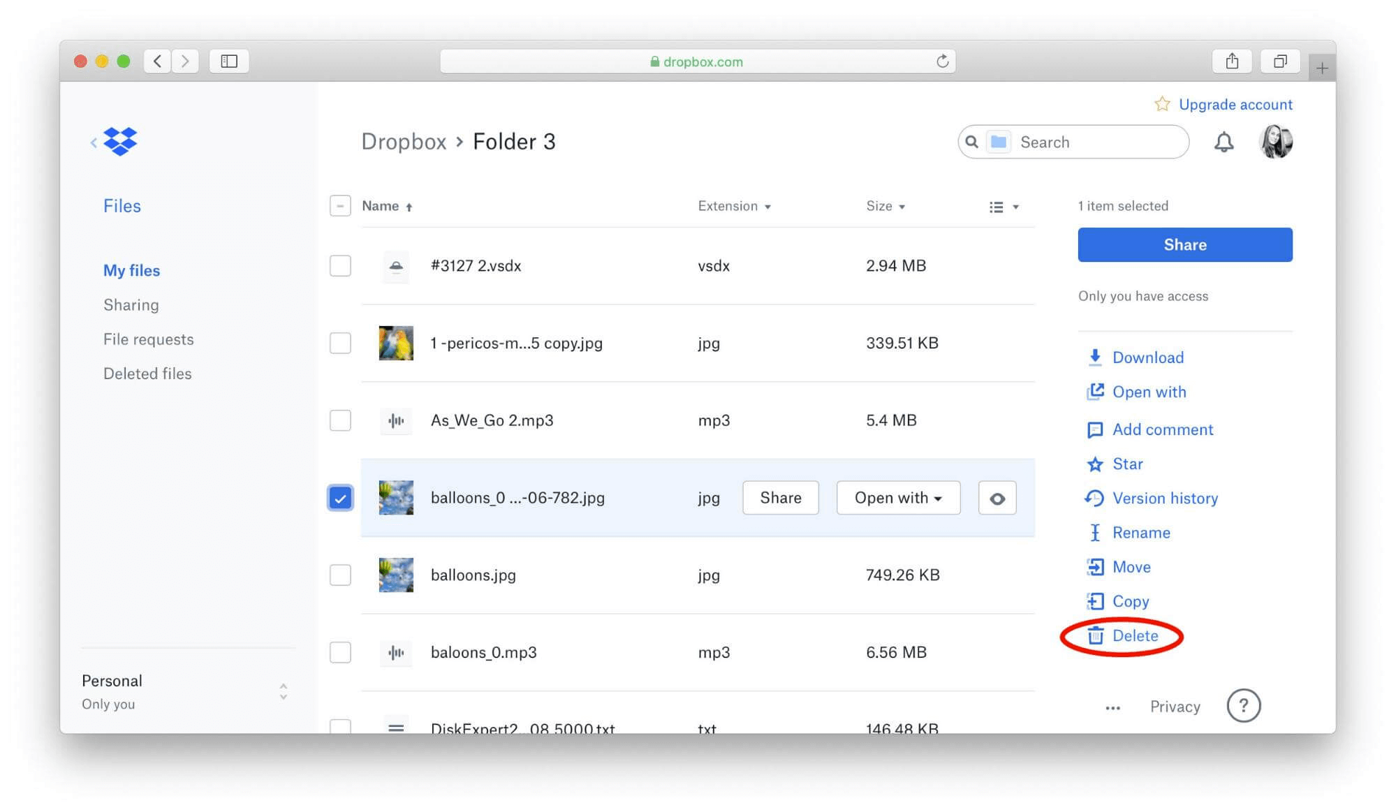Dropbox account with Delete button highlighted 