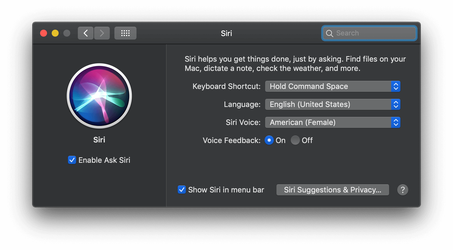 Siri window with ticked Enable Ask Siri checkbox