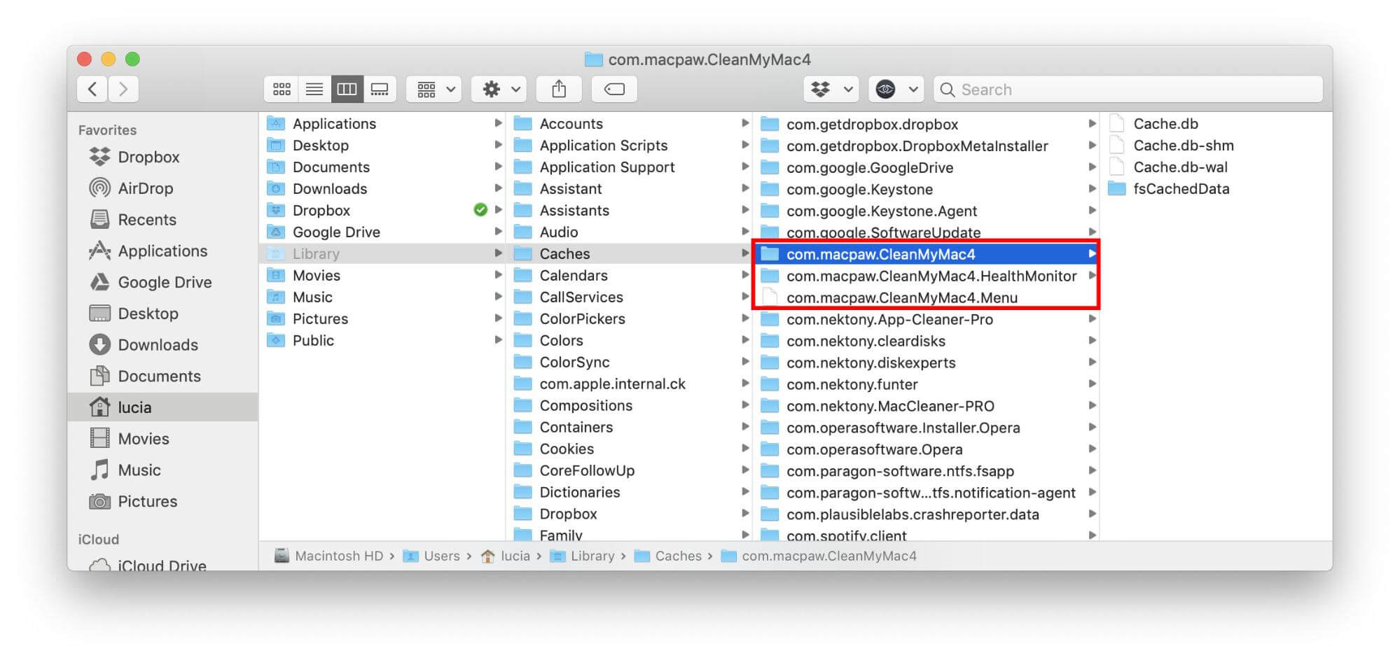 Finder window - Library folder - cleanmymac support files highlighted