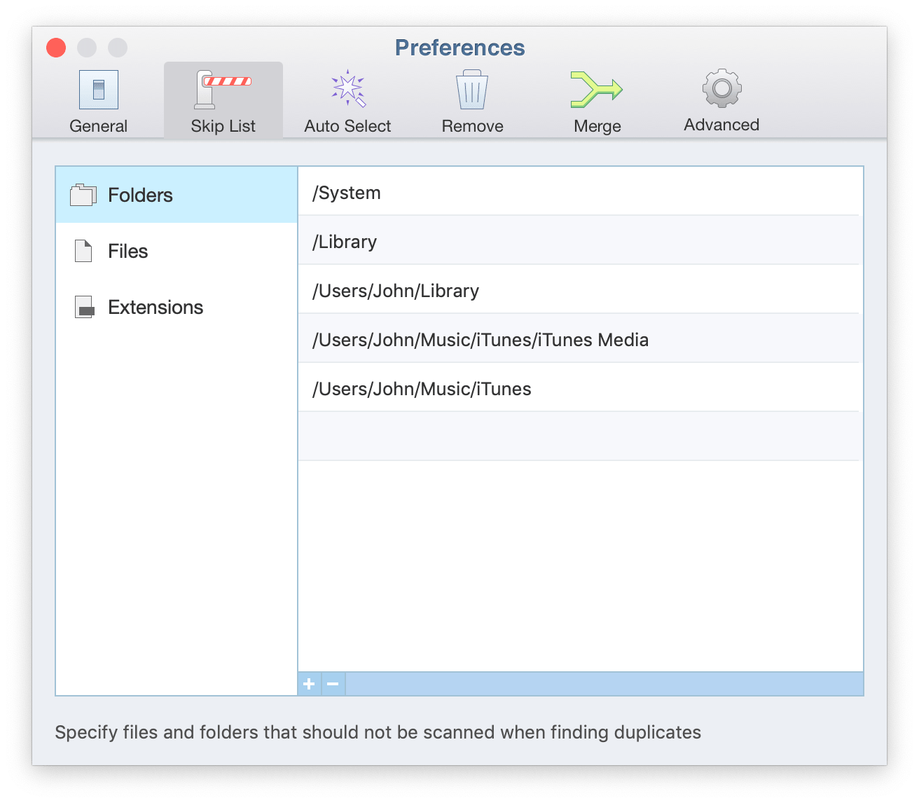 Duplicate File Finder Preferences window showing Skip List tab
