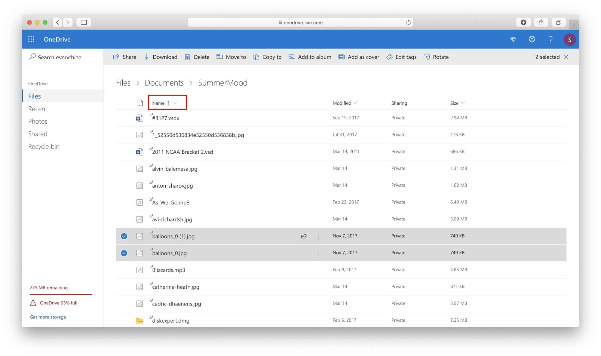 OneDrive account opened in browser with highlighted Name header cell