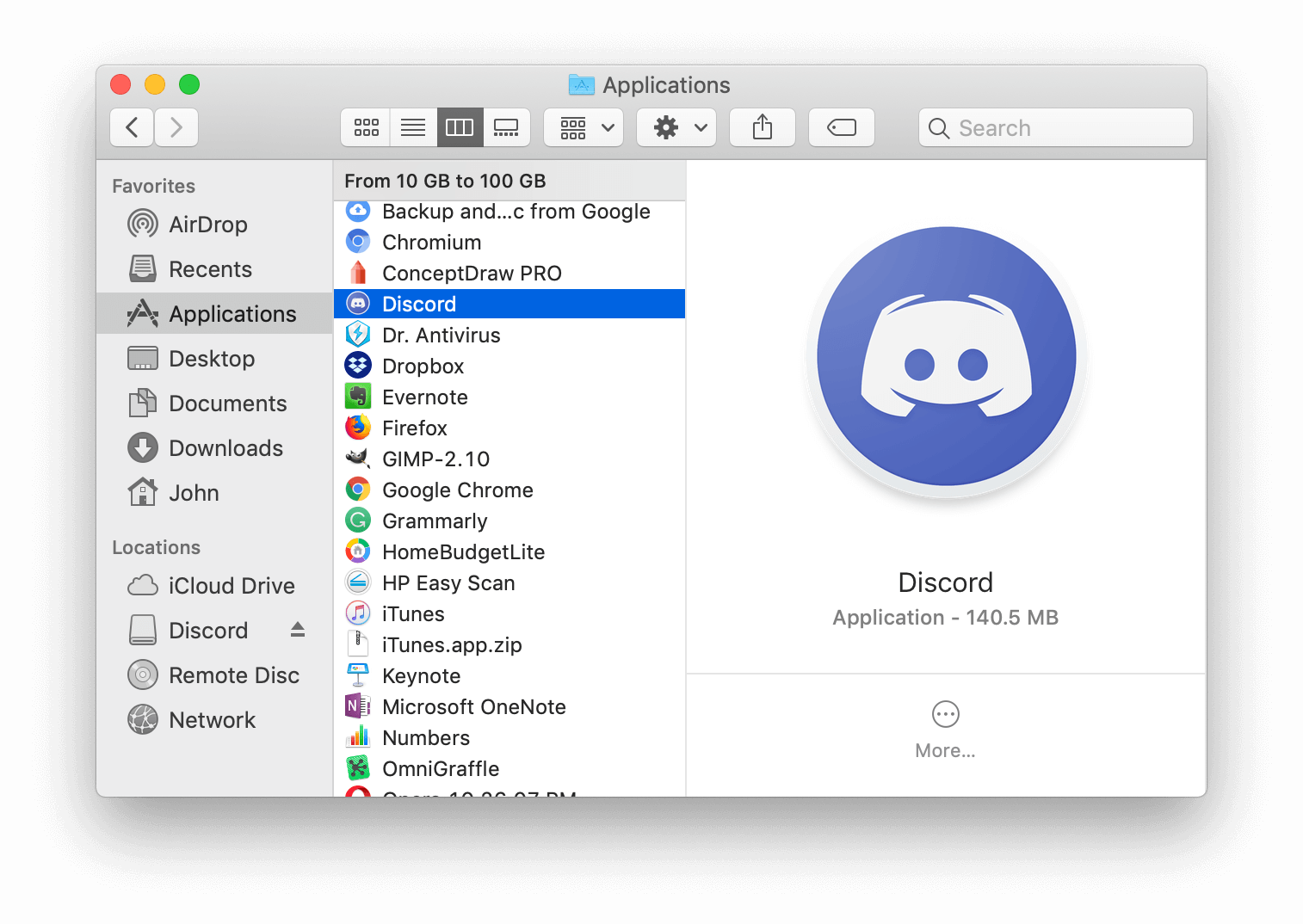Applications folder with selected discord app