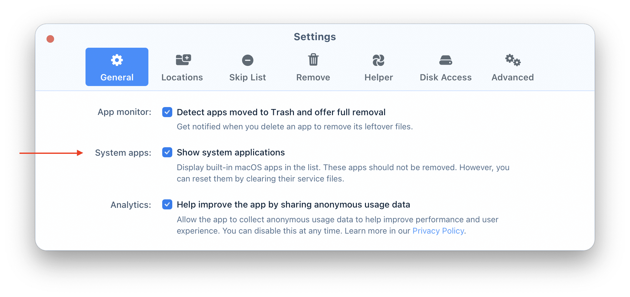 Settings window with Disable System Applications option highlighted