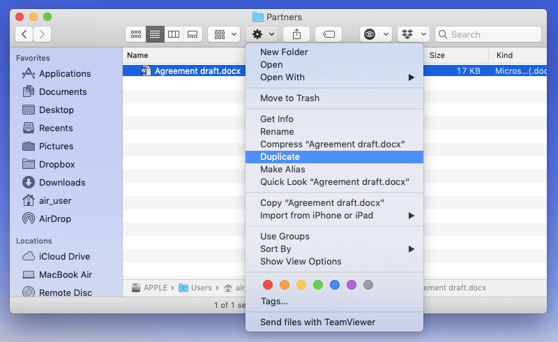 Create duplicate on Mac in Finder by clicking on Gear icon
