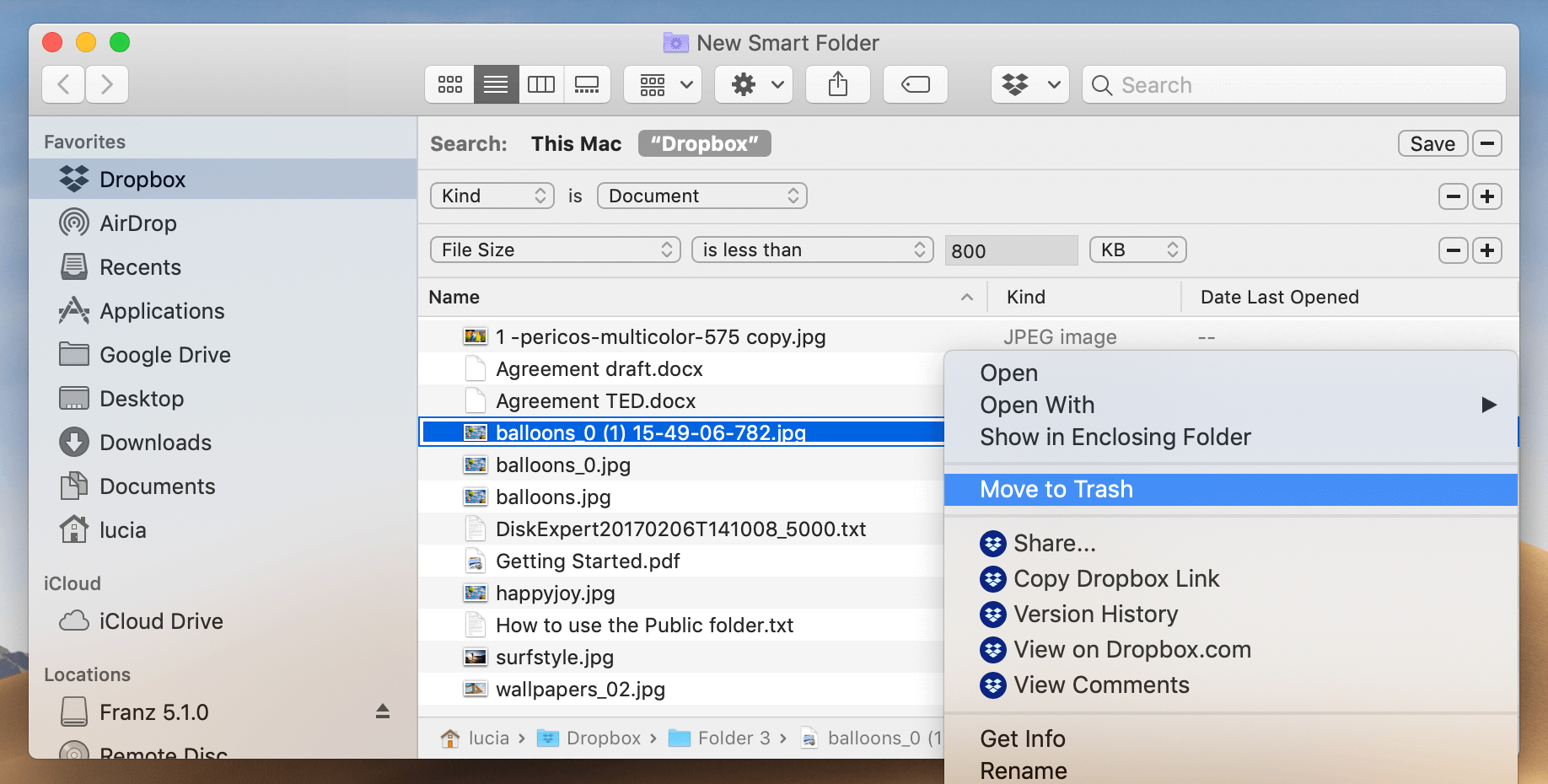 Move to Trash selected for file in Smart Folder