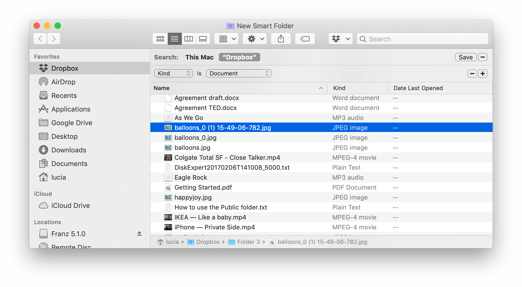 Dropbox selected for Smart Folder