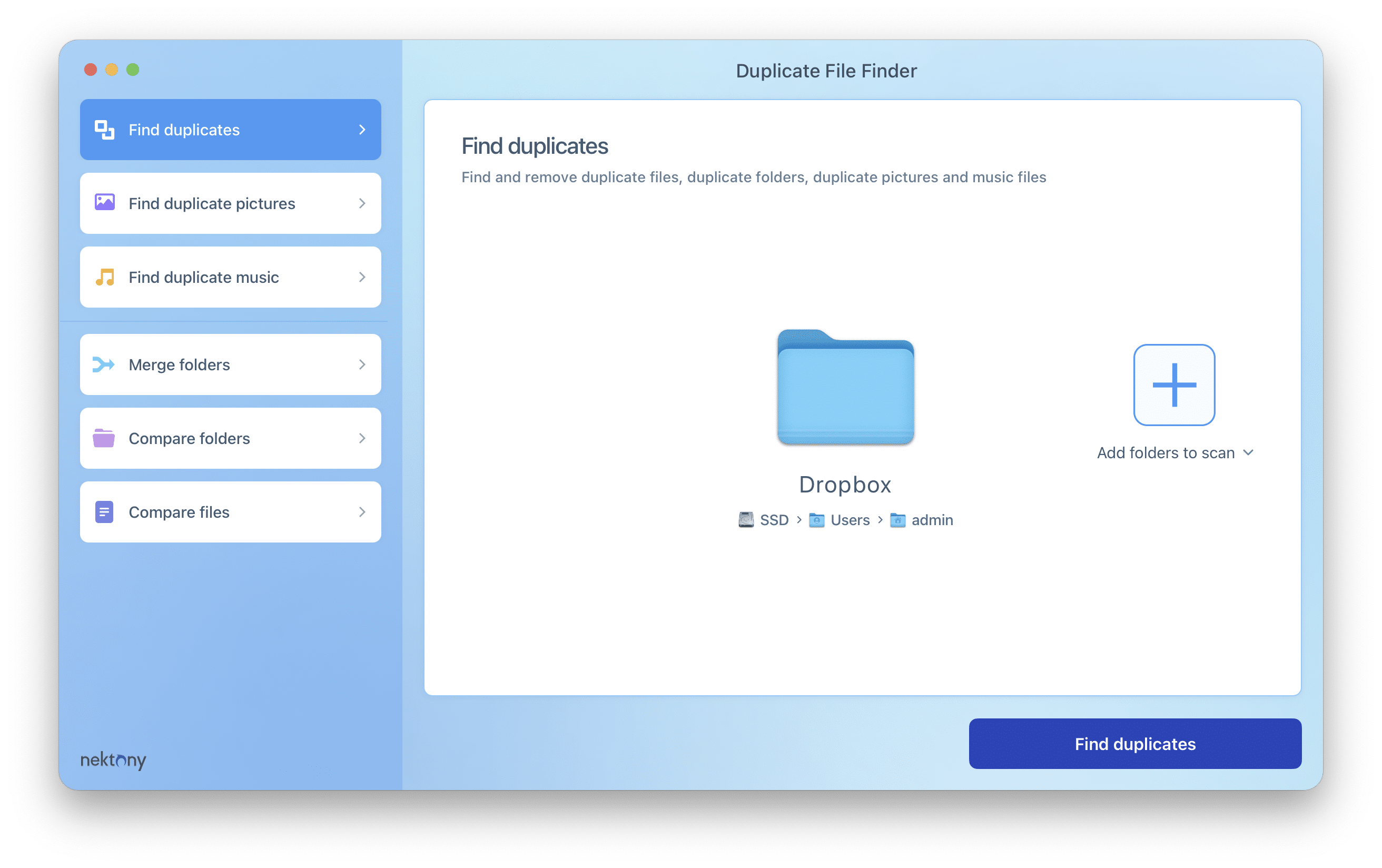 Duplicate File Finder start window with selected Dropbox folder