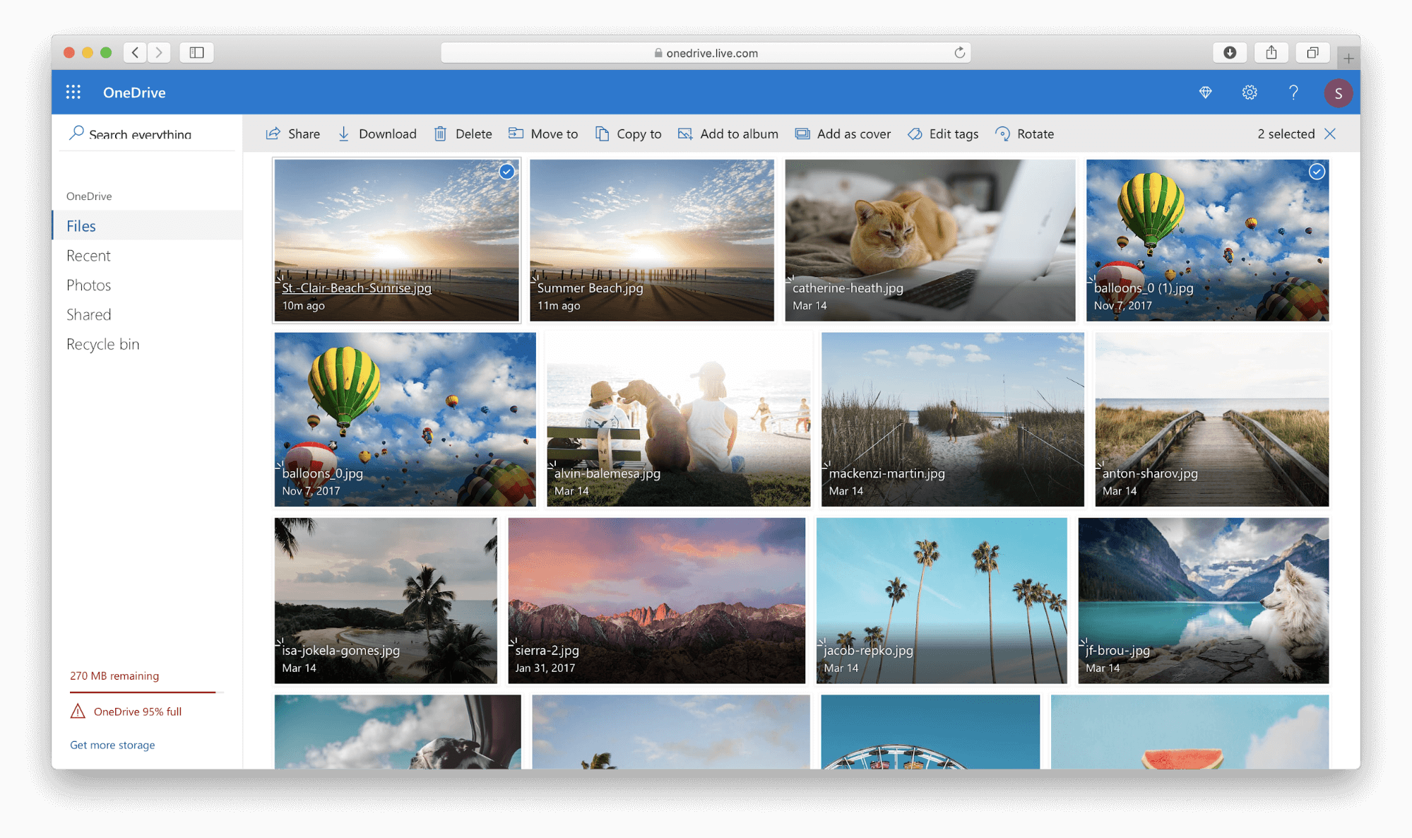OneDrive account opened in browser with duplicate photos ticked