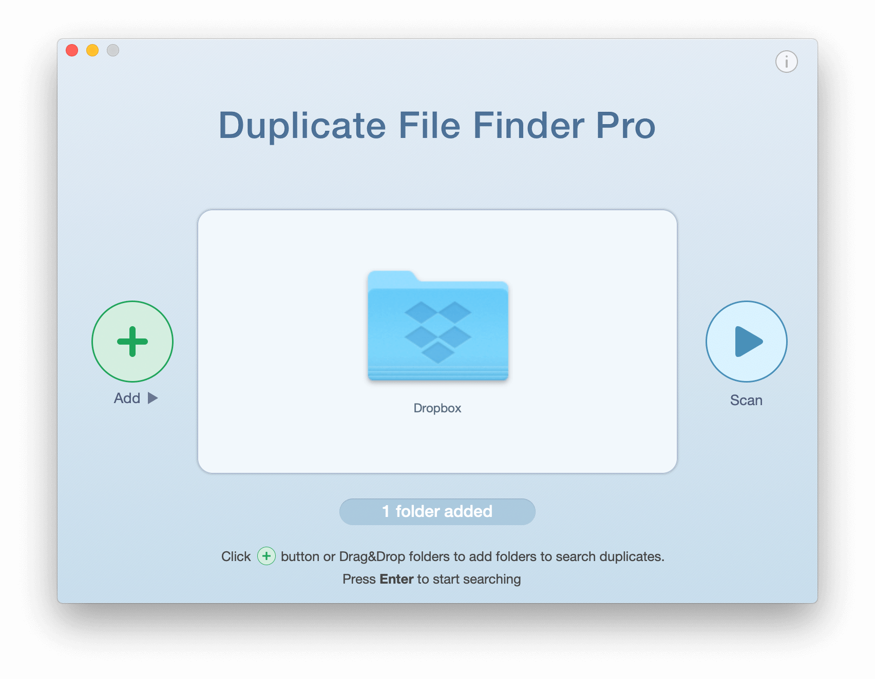 Duplicate File Finder start window with selected Dropbox folder