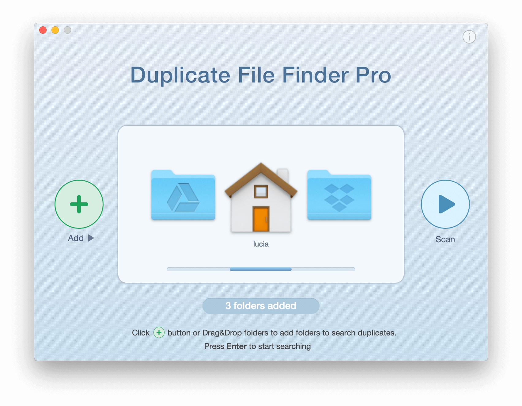 Duplicate File Finder window with folders selected for scan