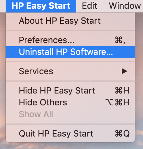 menu bar - uninstall hp software command