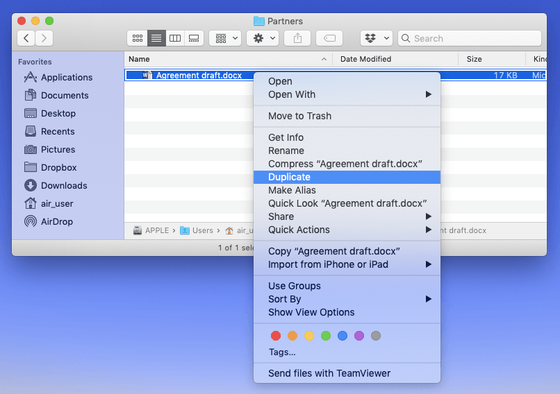Finder window - Duplicate option in context menu