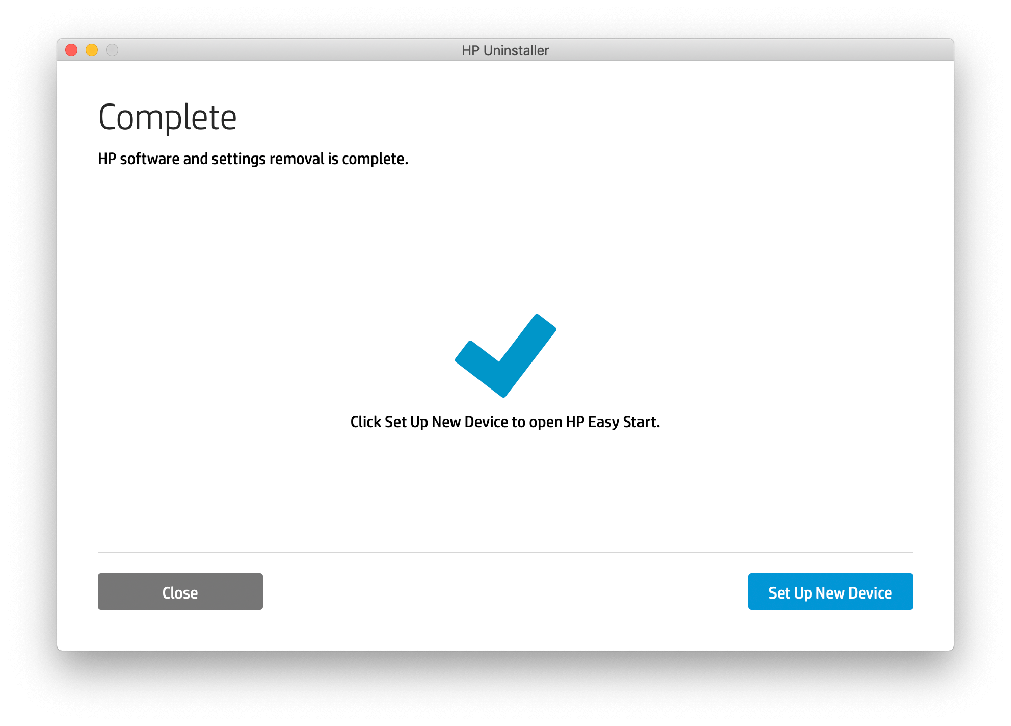 HP uninstaller window showing task complete