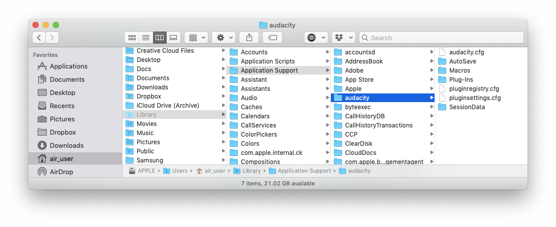 audacity app support files in Finder