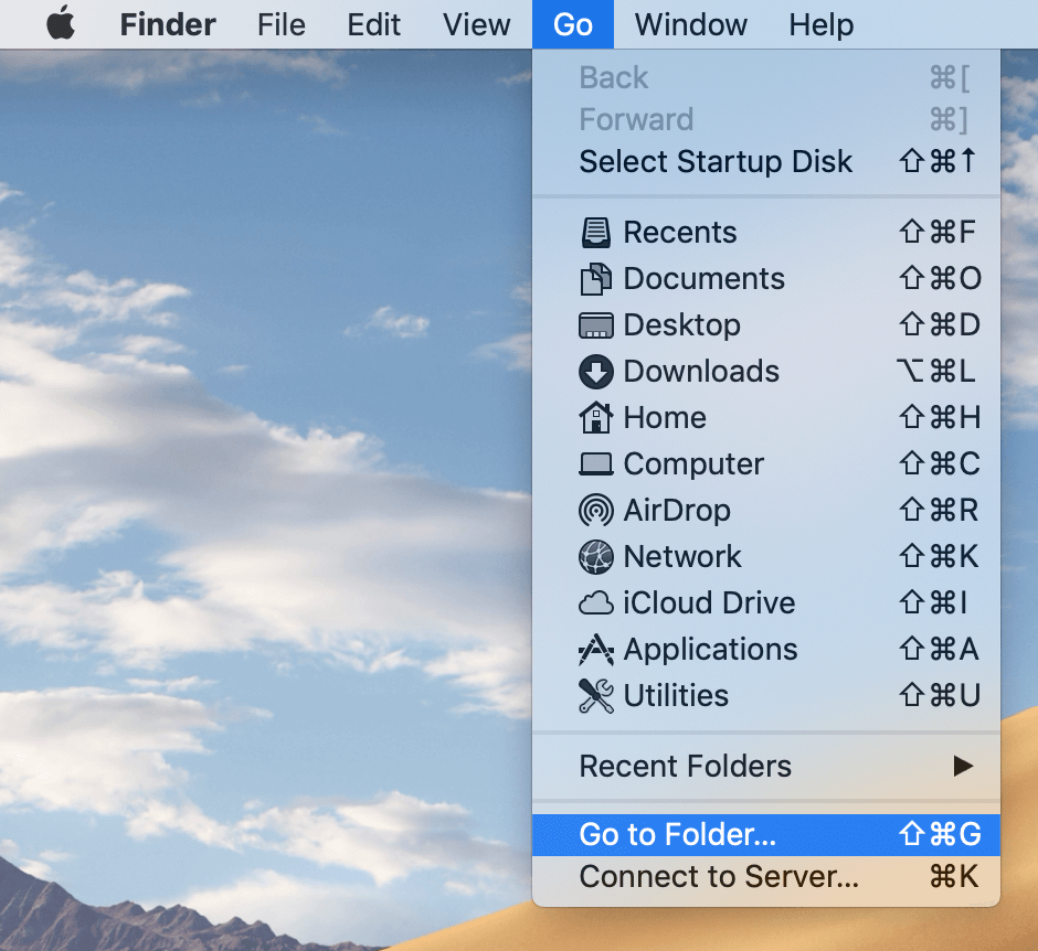 menu bar with go to folder command selected