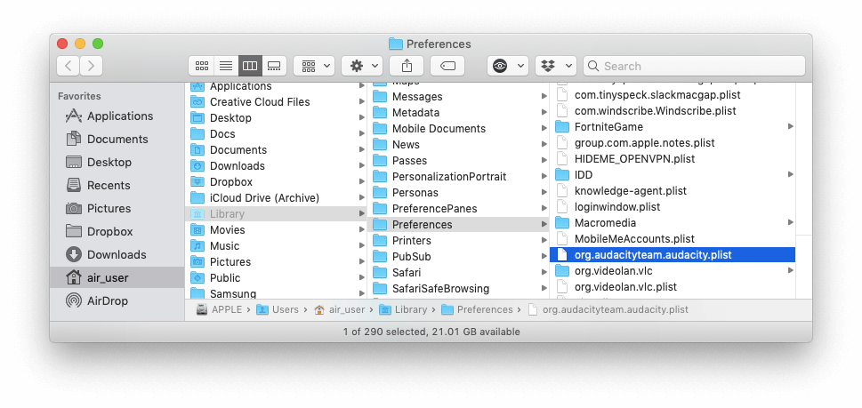 audacity preferences files in Finder