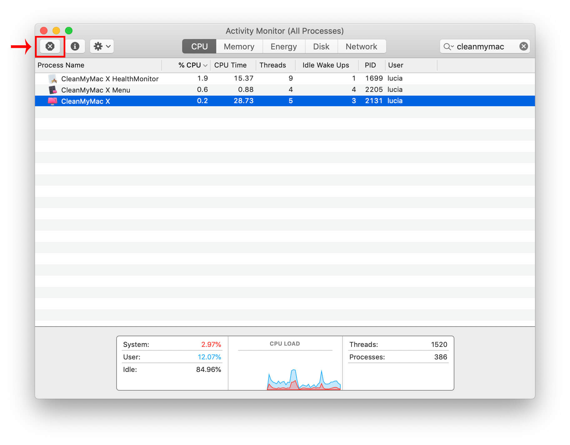 activity monitor window - closing cleanmymac processes